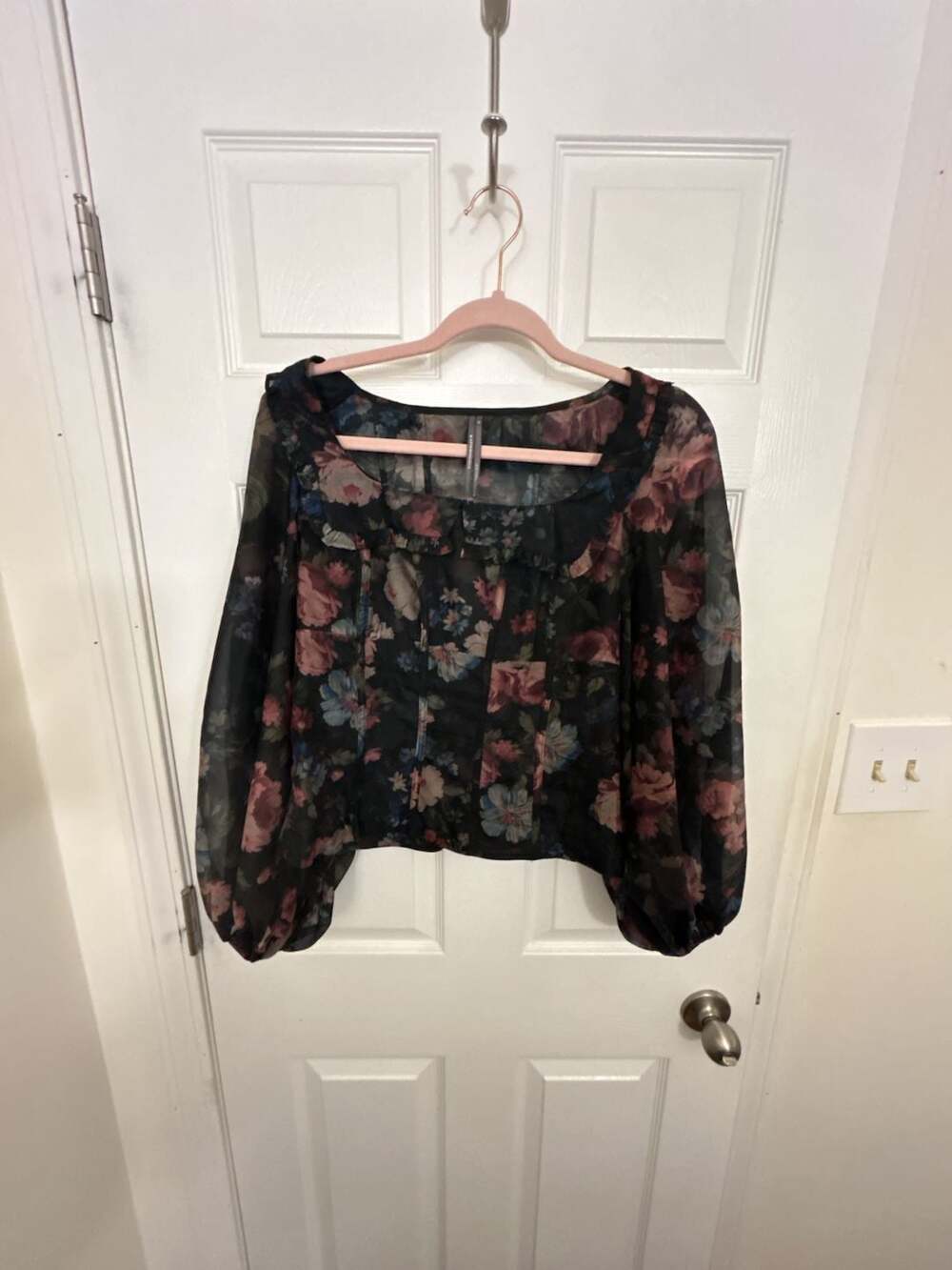Anthropologie Black Floral Sheer Balloon-Sleeve Blouse